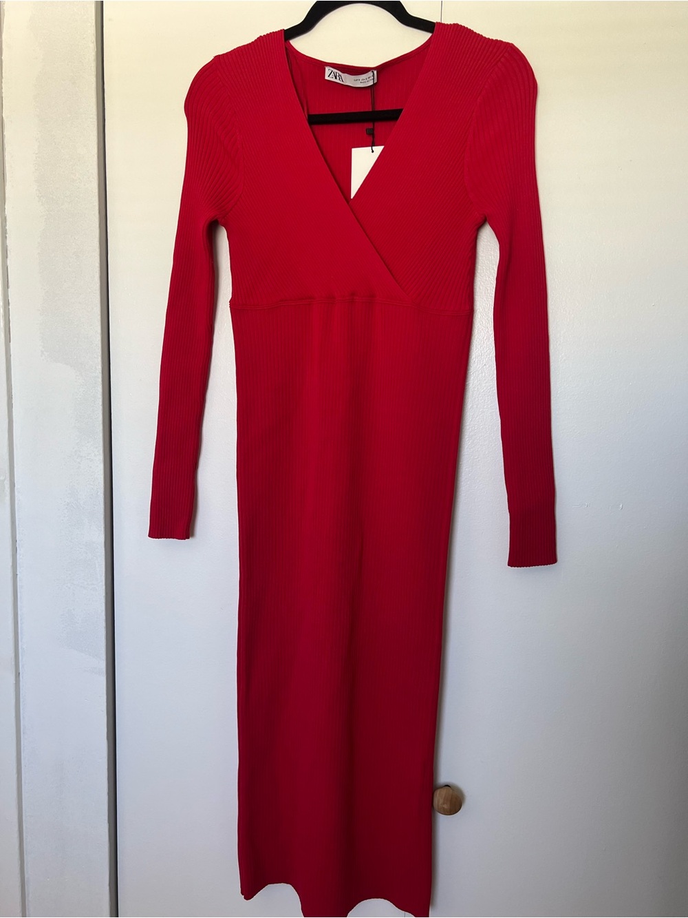 Zara Bright Red Ribbed Long-Sleeve Wrap-Style Midi Dress